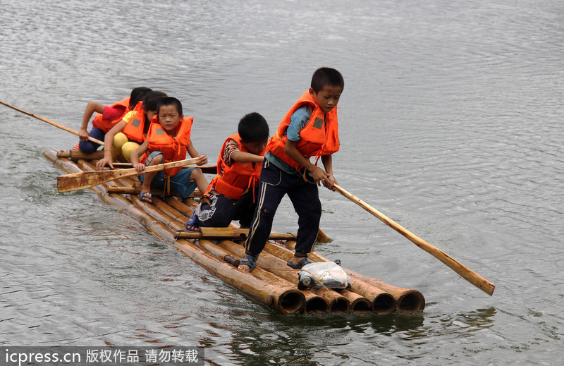 Long journey to school on rafts