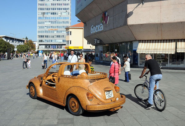 Hand-built wooden Volkswagen Beetle