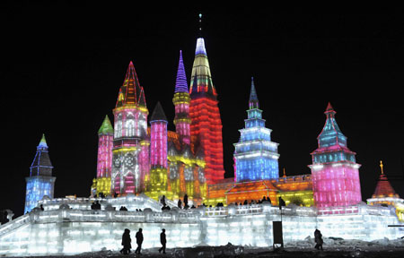 Ice sculptures displayed at Harbin Ice and Snow Festival