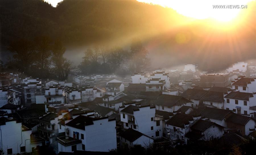 Early morning fog scenery of Shicheng village in East China's Wuyuan