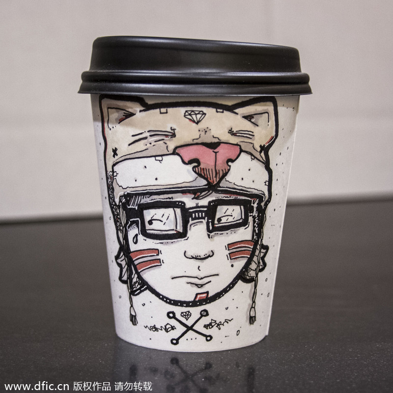 Graphic designer turns coffee cups into canvas