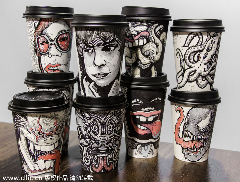 Graphic designer turns coffee cups into canvas