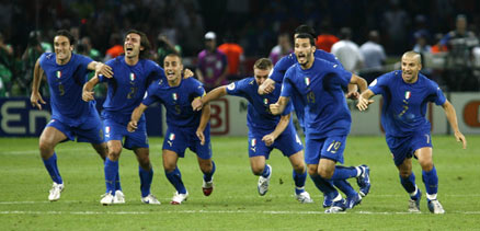 Italy players celebrate after winning the penalty shootout in the World Cup 2006 final soccer match between Italy and France in Berlin July 9, 2006.