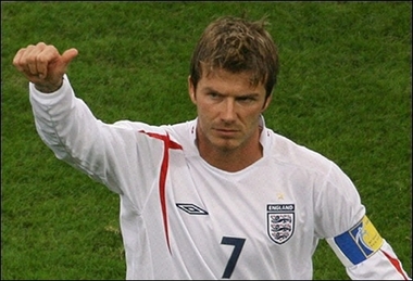 England midfielder and former captain David Beckham gives the thumbs up prior to the World Cup 2006 quarter final between England and Portugal at Gelsenkirchen stadium, Germany, in July 2006. Beckham said there was a possibility he may never play for his country again.(