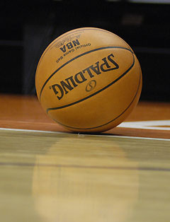 The new leather version of the NBA basketball rests on the court during the game between the Charlotte Bobcats and the Minnesota Timberwolves in Charlotte, January 1, 2007. 