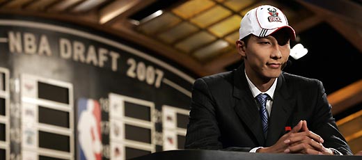 Yi Jianlian, from China, smiles during an interview after being selected as the sixth overall pick by the Milwaukee Bucks in the 2007 NBA Draft at Madison Square Garden in New York, June 28, 2007. 