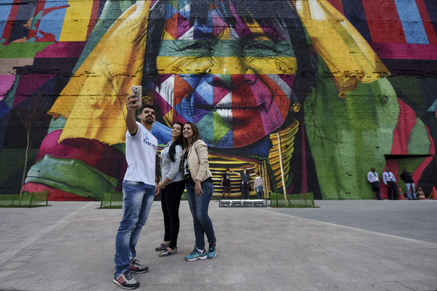 Murals of indigenous people adorn Olympic Boulevard in Rio