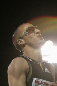 Jeremy Wariner of the U.S. reacts after winning the men's 400m event at the Melbourne Athletics Grand Prix February 21, 2008. 