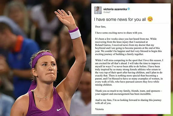 Former world number one Victoria Azarenka announces she is having a baby