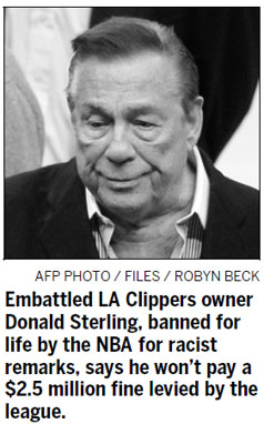 Sterling says he won't pay fine