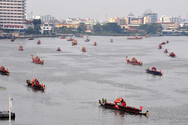 Rehearsal of Royal Barge Procession held on Chao Phraya River in Bangkok