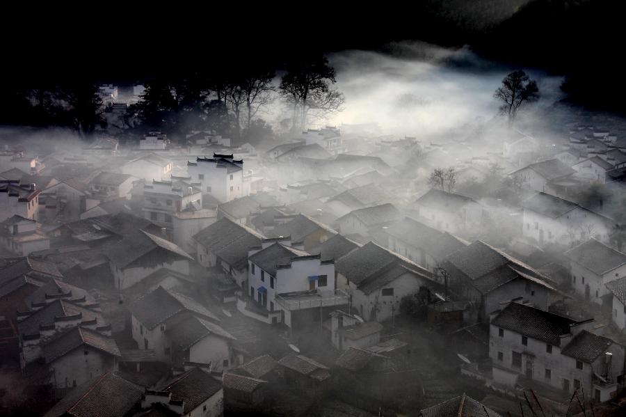 Scenery of Wuyuan at dawn after rainfall