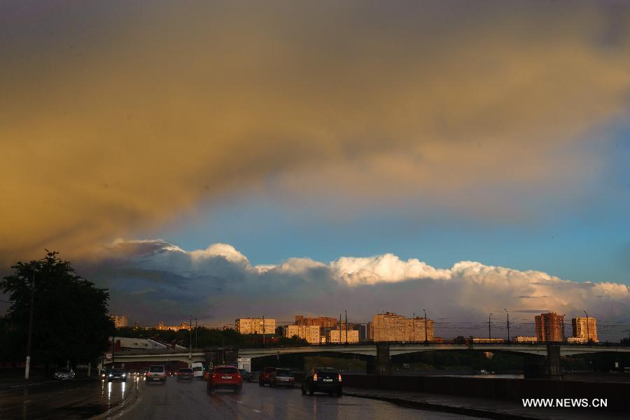 Stunning view of Moscow city after heavy rain