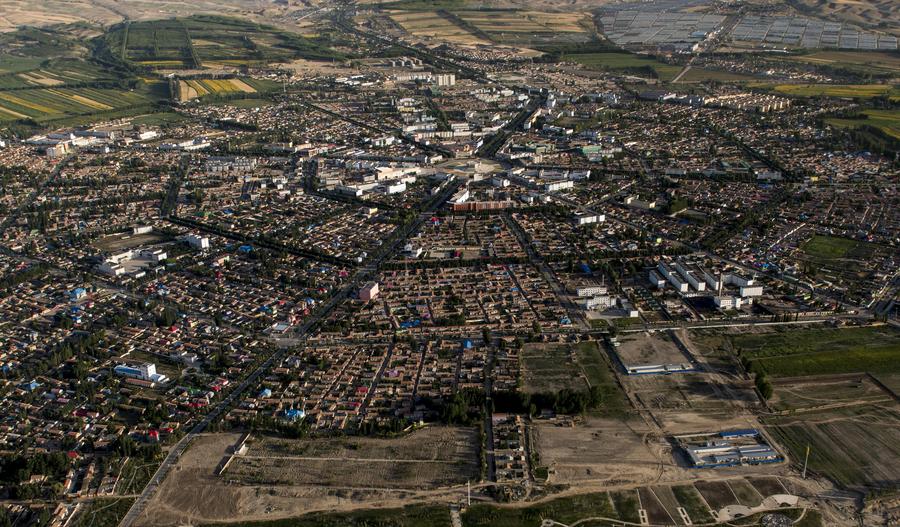 Aerial view of bagua-shaped Tekes county, China's Xinjiang