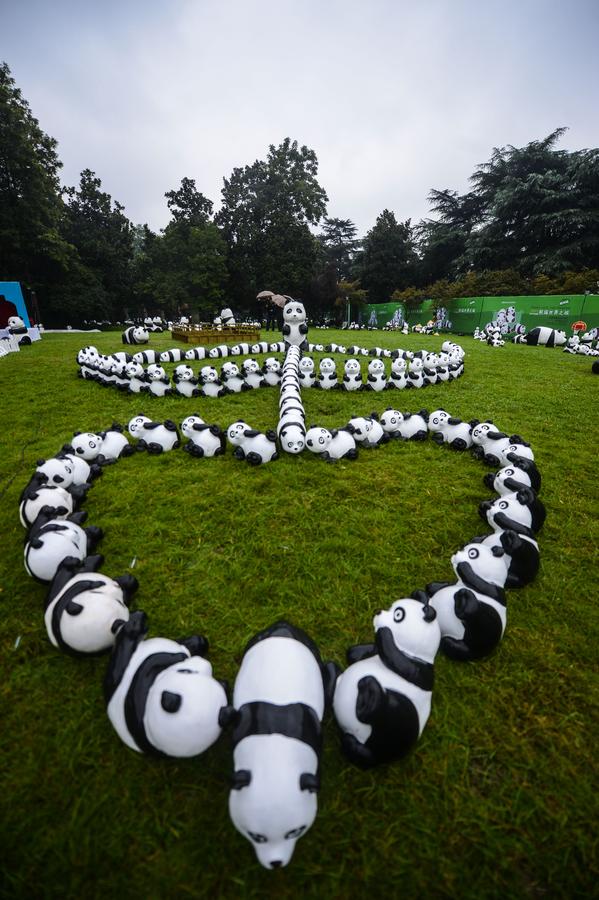 Panda figures displayed near West Lake in Hangzhou