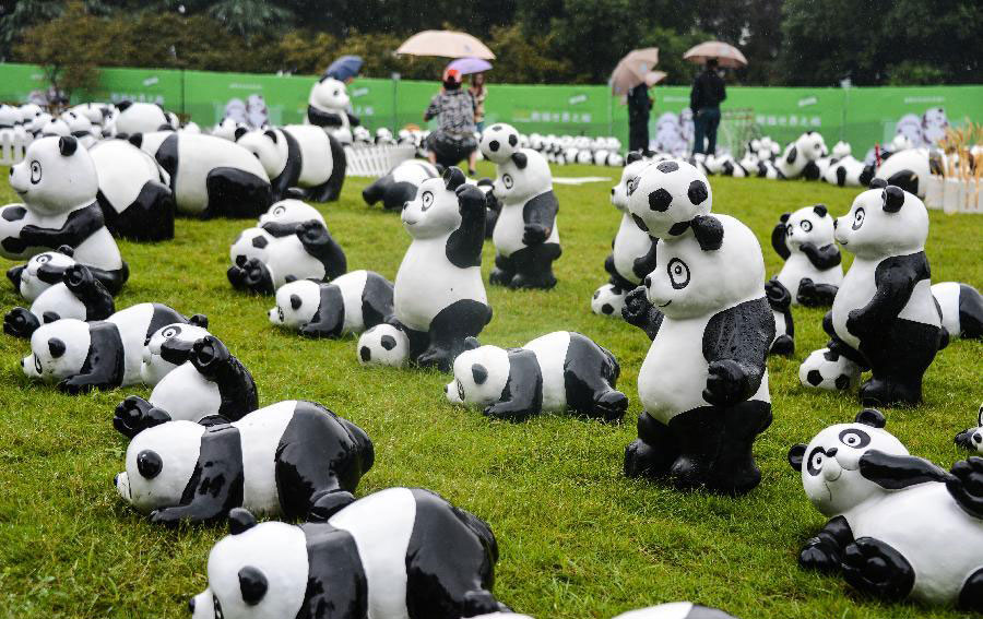 Panda figures displayed near West Lake in Hangzhou