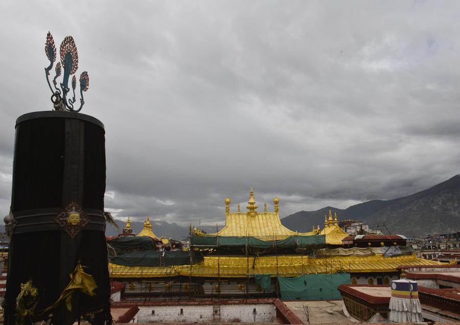 Magnificent golden top of Jokhang Temple maintained in Lhasa