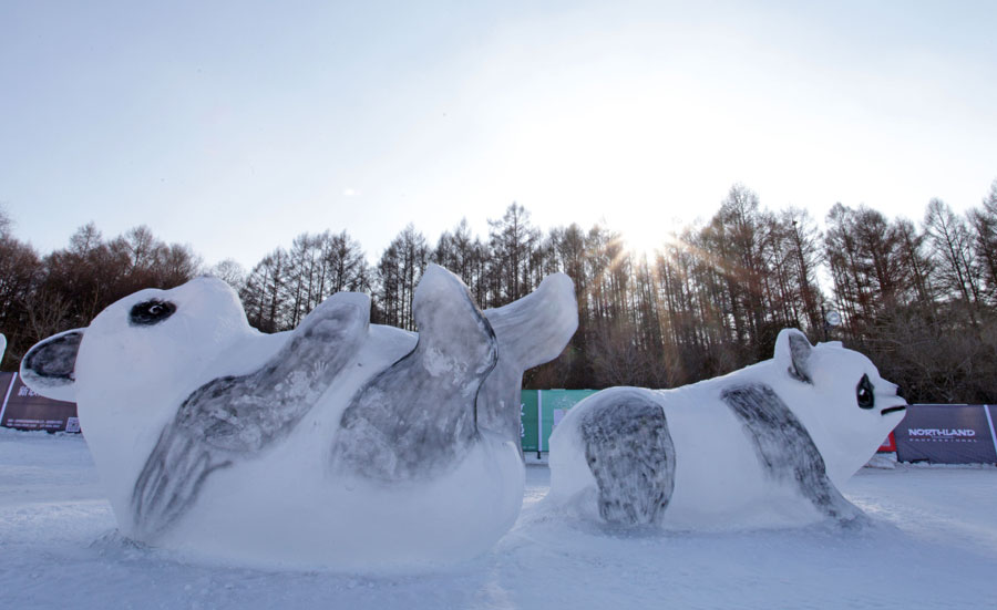 Panda snow sculptures attract tourists in Changchun