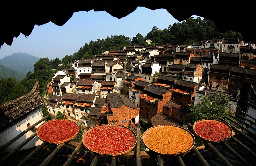 Harvested crops help present a unique autumn scene in Wuyuan ancient town