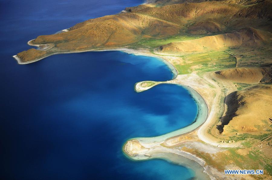 Aerial view of Yamzho Yumco Lake in Tibet