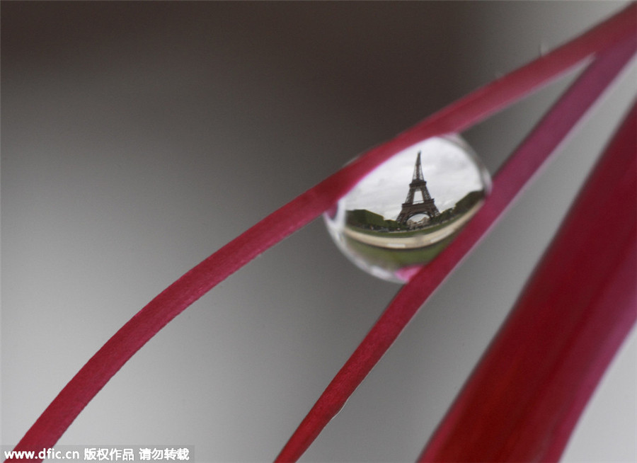 Paris landmarks in water droplets