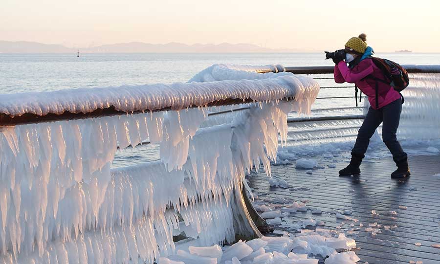 Icicles seen after snowfall on seashore in Dalian