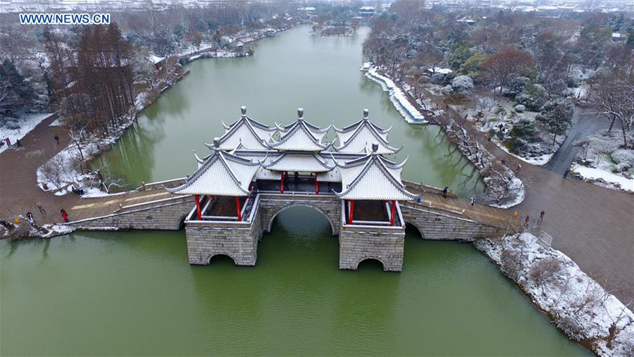 Scenery of Slender West Lake after snowfall in China's Yangzhou