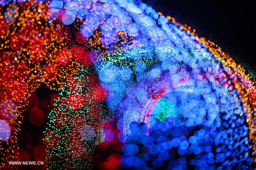 Tourists view colorful lights at light festival in E China's Nantong