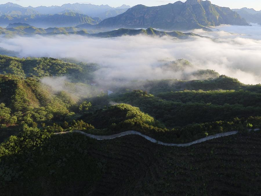 Aerial view of Great Wall surrounded by mist in N China