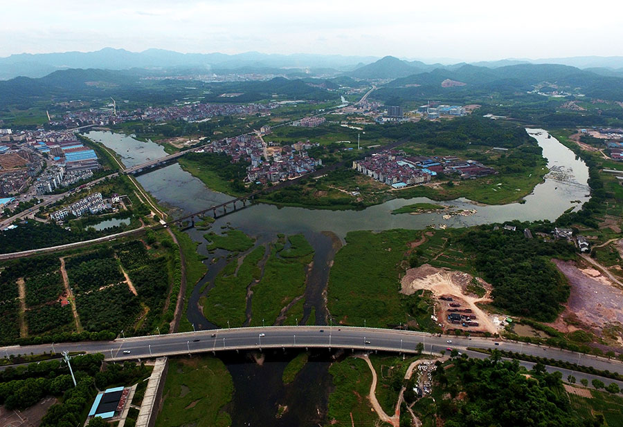 Aerial view of Sanjiangkou wetland park, Zhejiang province