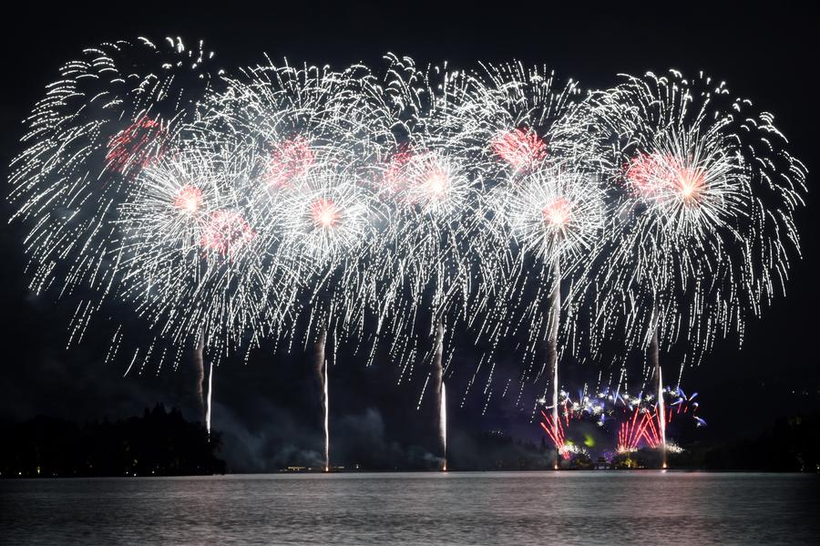 Fireworks light up sky over West Lake in Hangzhou