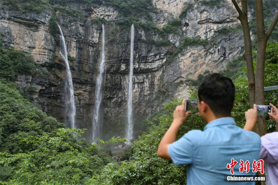 Amazing aerial view of 'triple falls' in Southwest China
