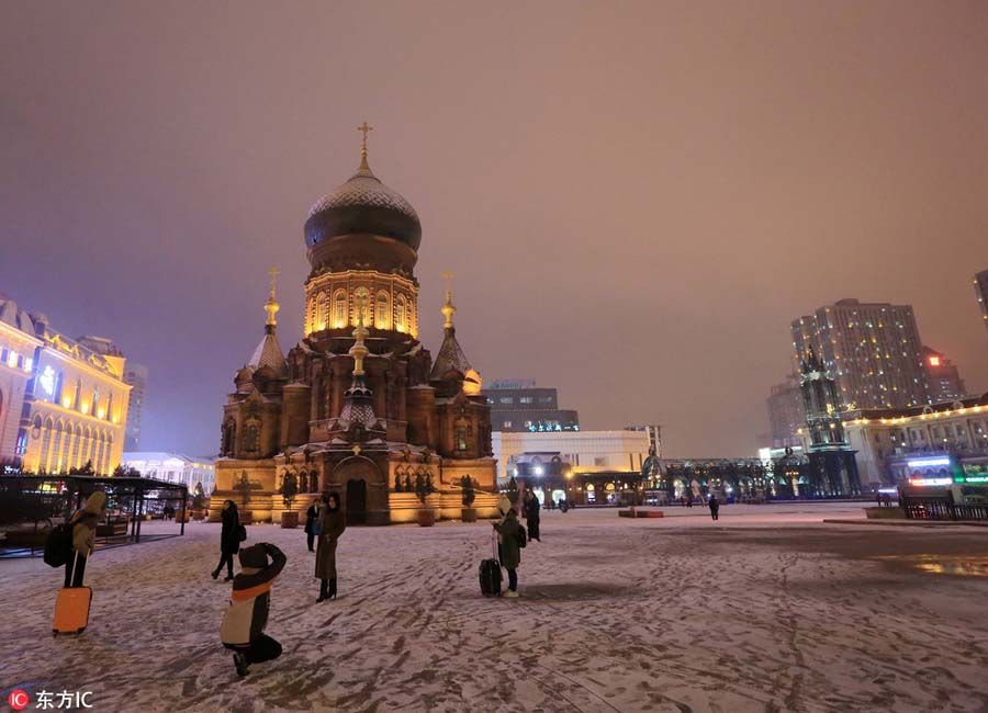 Harbin's iconic Saint Sophia Cathedral captured in snow