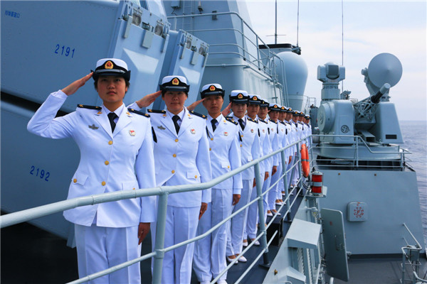 Chinese female sailors at China-Russia sea drills