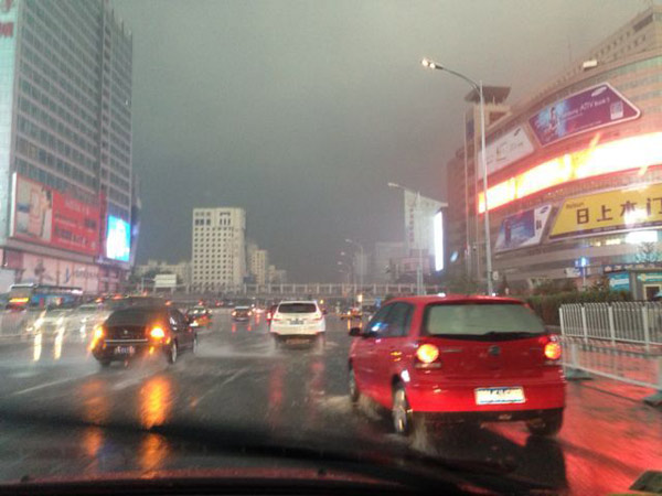 Thunder storm hits Beijing, darkening the sky