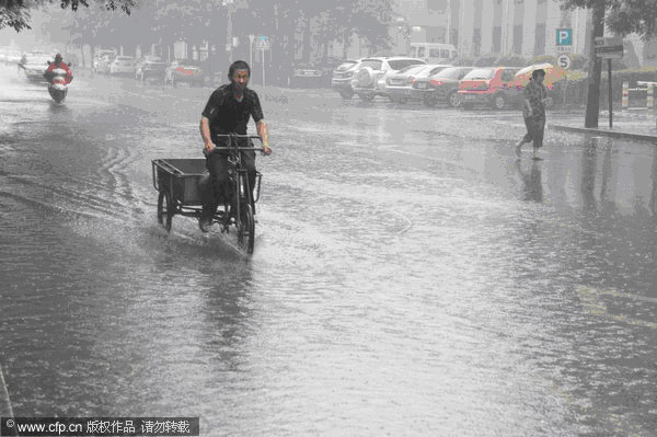 Thunder storm hits Beijing, darkening the sky