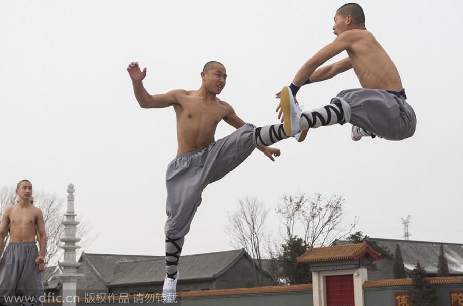 Buddhist monks break bricks in kung fu