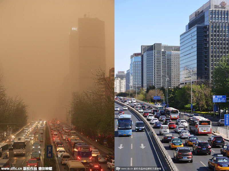 Contrast of pictures taken in and after sandstorm in Beijing