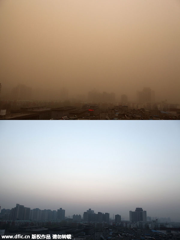 Contrast of pictures taken in and after sandstorm in Beijing