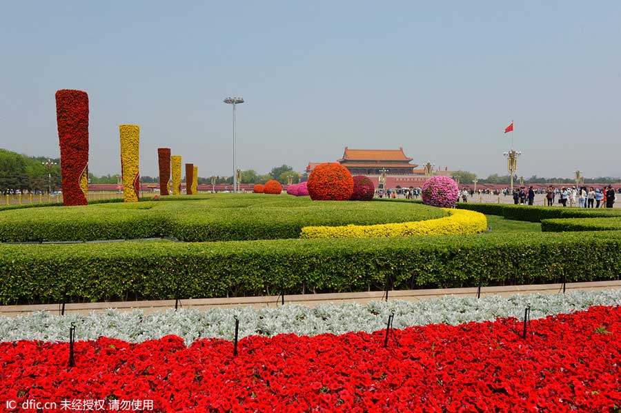 Tiananmen Square decorated as May Day holiday approaches