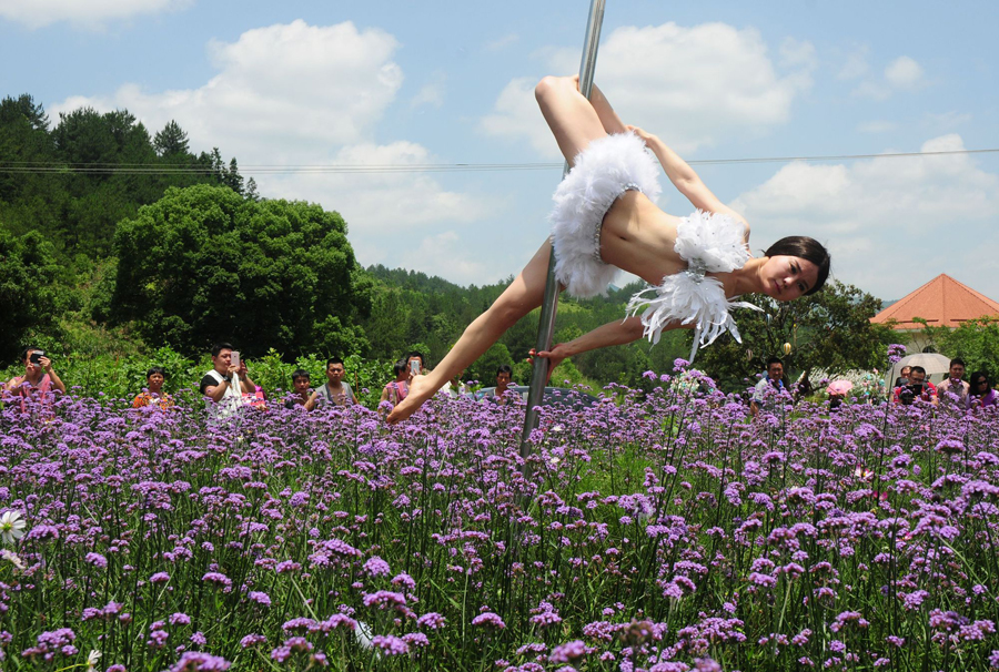 Pole dancing in sea of flowers