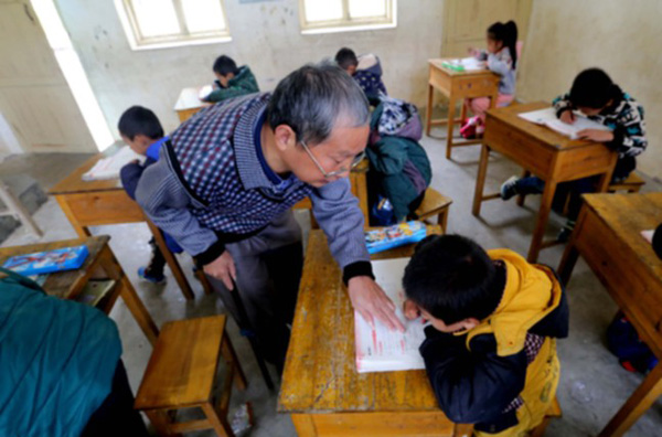 Walking stick teacher in mountainous area