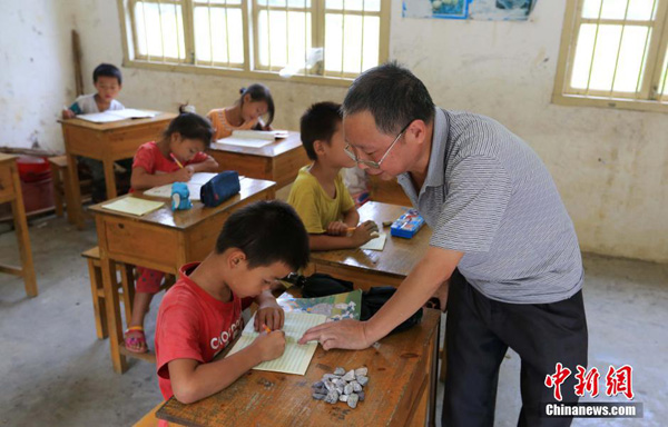 Walking stick teacher in mountainous area