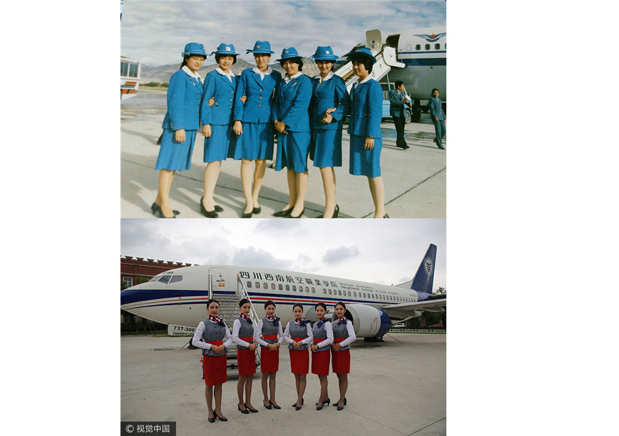 Now and then: Images of two generations of flight attendants