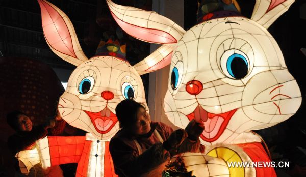 Rabbit-shaped lanterns prepared for Chinese Lunar New Year