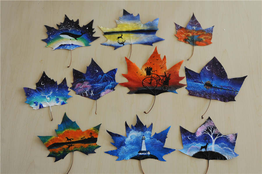 Leaf paintings portray landscape of Qingdao