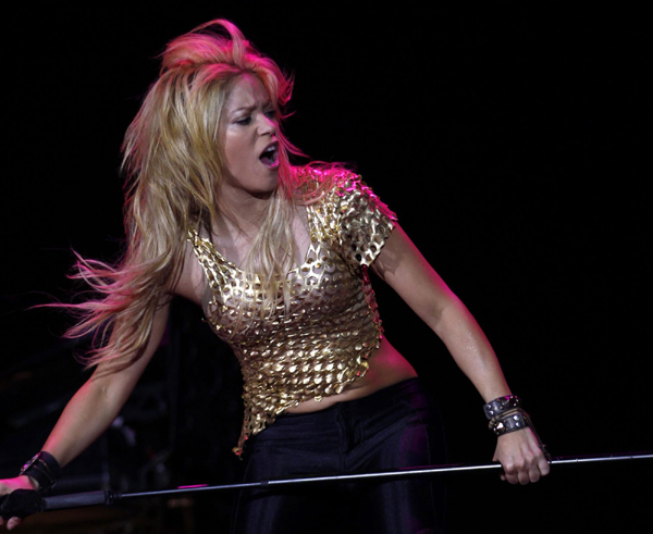 Colombian pop star Shakira performs during her concert in Barcelona