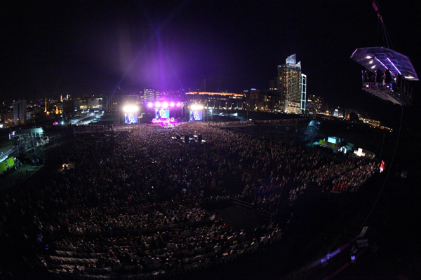 Colombian pop star Shakira performs during her concert in Barcelona