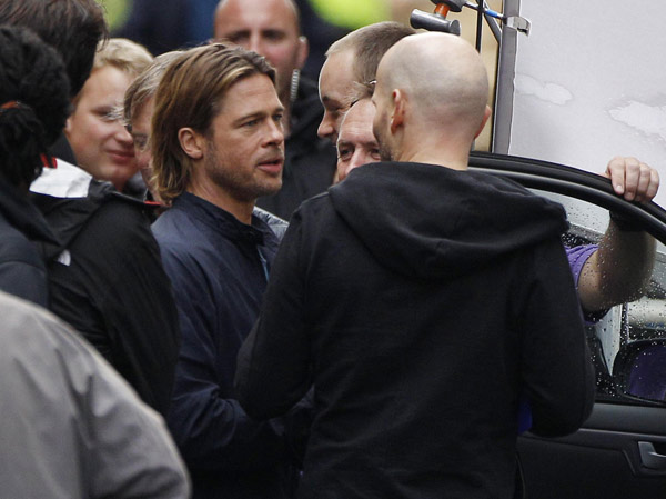 Pitt appears during the filming of 'World War Z' in Glasgow