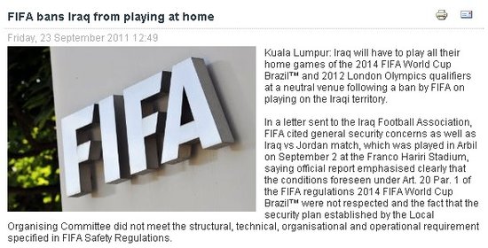FIFA bans Iraq from playing at home